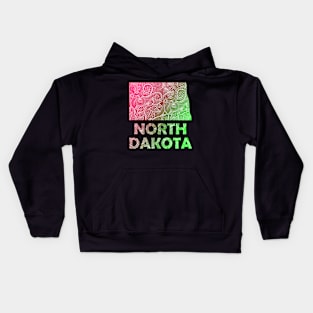 Colorful mandala art map of North Dakota with text in pink and green Kids Hoodie